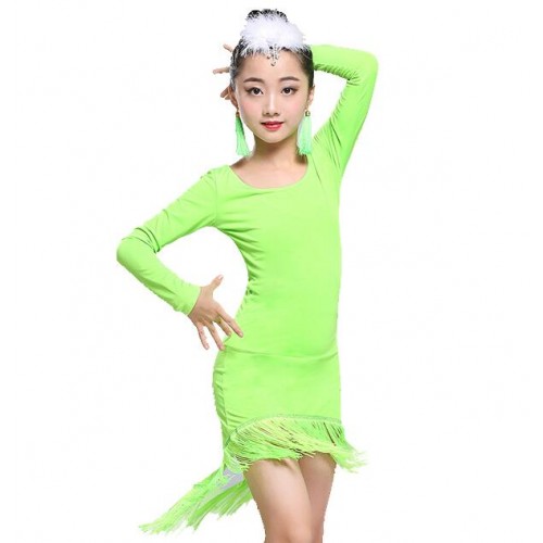 Neon green black fringes girls latin dress kids children performance competition gymnastics salsa chacha latin dance dresses